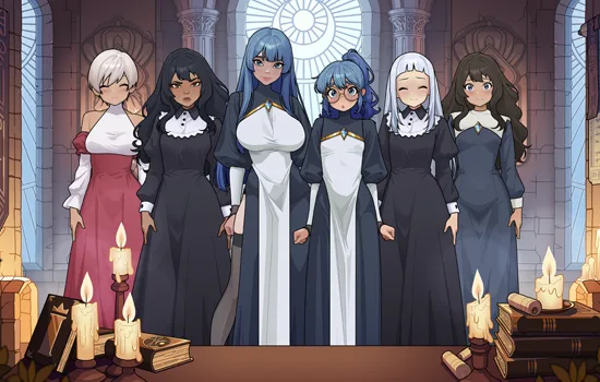 Official Ender Inspector artwork from the developer's page: six characters in modest full length Monastery robes standing in a candlelit hall with books on a table
